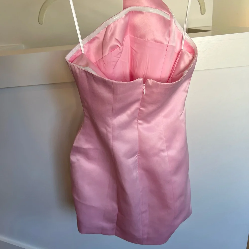 Commense Light Pink Gold Satin Asymmetrical Embellished Strapless Dress Medium - Picture 13 of 14